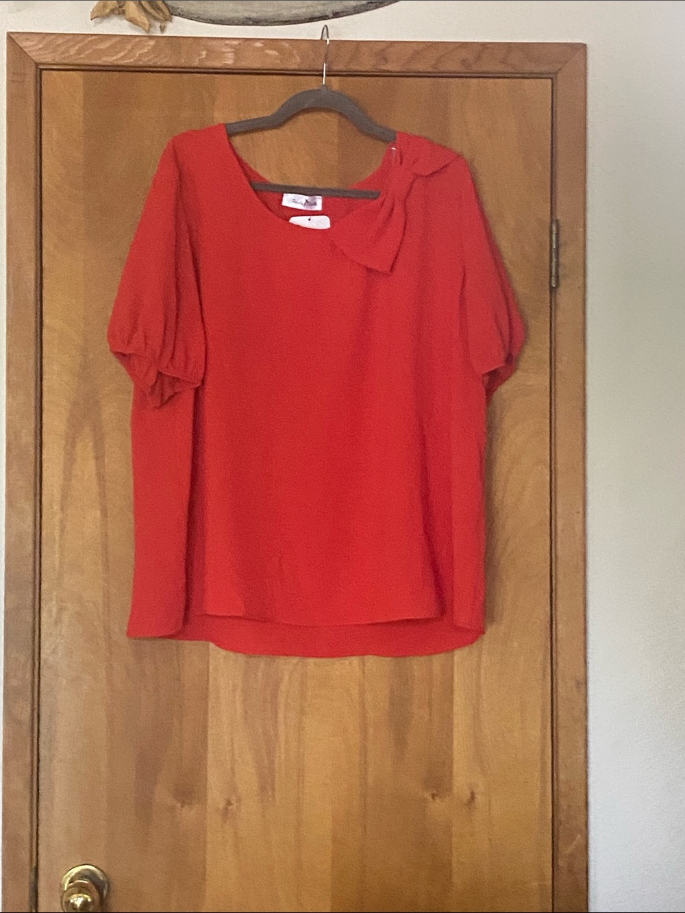 Women’s Bright Red Bow-Shoulder Puff Sleeve Blouse